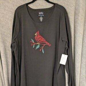 LAST CHANCE!  New! Plus Size 1X Winter Cardinal Black Long Sleeved T 46" Chest